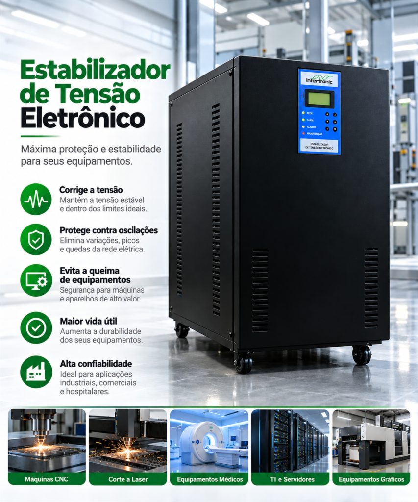 Estabilizador de tensão eletrônico industrial Intertronic para proteção de máquinas CNC, equipamentos médicos, servidores e máquinas a laser contra oscilações de tensão elétrica.