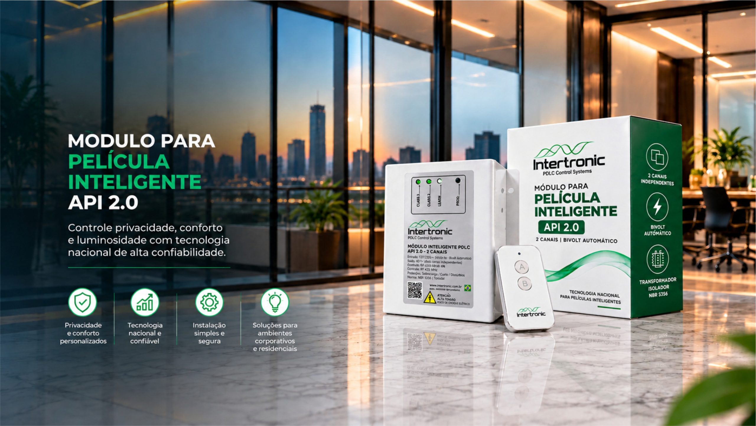 Módulo para película inteligente PDLC Intertronic API 2.0, com dois canais independentes, alimentação bivolt automática, controle remoto RF 433 MHz e transformador isolador.