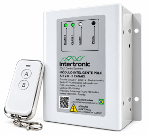 Módulo de acionamento Intertronic API 2.0 para películas inteligentes PDLC, com dois canais independentes e controle remoto RF 433 MHz.