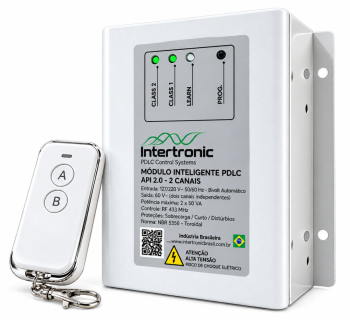 Módulo de acionamento Intertronic API 2.0 para películas inteligentes PDLC, com dois canais independentes e controle remoto RF 433 MHz.