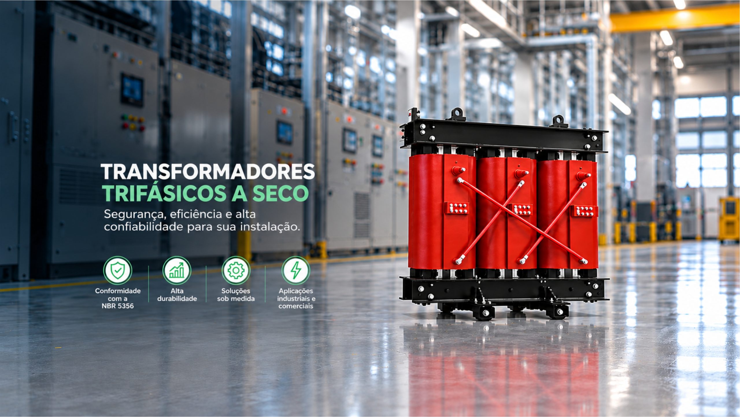 Transformador trifásico a seco industrial Intertronic, com bobinas vermelhas, instalado em ambiente industrial. Equipamento para distribuição e adequação de tensão elétrica.